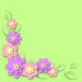 Purple branch of flowers with scattering green leaves banner. Bright pink anemone with spring ornament holiday and