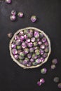 Purple Brussels sprouts in a bowl on dark background Royalty Free Stock Photo