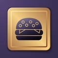 Purple Burger icon isolated on purple background. Hamburger icon. Cheeseburger sandwich sign. Fast food menu. Gold