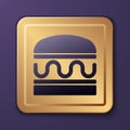 Purple Burger icon isolated on purple background. Hamburger icon. Cheeseburger sandwich sign. Fast food menu. Gold