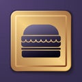 Purple Burger icon isolated on purple background. Hamburger icon. Cheeseburger sandwich sign. Fast food menu. Gold