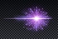 Purple burst with sparkle rays and lens flare effect. Glowing stars. Purple glitter bokeh lights and burst of magical Royalty Free Stock Photo