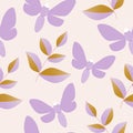 Purple butterflies and golden leaves in a seamless pattern design Royalty Free Stock Photo