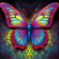 the purple butterfly is flying in a colorful sky on an orange and pink background Royalty Free Stock Photo