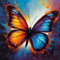 the purple butterfly is flying in a colorful sky on an orange and pink background Royalty Free Stock Photo