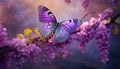 Purple butterfly gracefully dances amidst wild white violet flowers in natures canvas