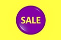 A purple button over yellow background with the words sale, 3d illustration