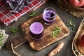 Purple cabbage juice in two glass cups Royalty Free Stock Photo