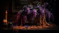 Purple candle burning, flower arrangement adds elegance generated by AI