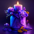 Purple candle with flowers and leaves. Vector 3d illustration. AI generated