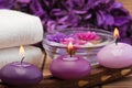 Purple candles and flowers in spa setting (1) Royalty Free Stock Photo
