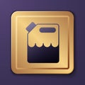 Purple Canister for gasoline icon isolated on purple background. Diesel gas icon. Gold square button. Vector