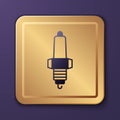 Purple Car spark plug icon isolated on purple background. Car electric candle. Gold square button. Vector