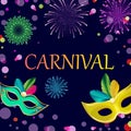 Purple carnival background with colour masks and fireworks.