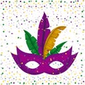 Purple carnival mask and colorful feathers with confetti background