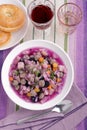 Purple carrot soup with meatballs Royalty Free Stock Photo