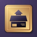 Purple Carton cardboard box icon isolated on purple background. Box, package, parcel sign. Delivery and packaging. Gold