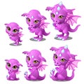 Purple cartoon dragon of different ages, growth, sits, stands. Fairy animal for animation, childrens illustrations