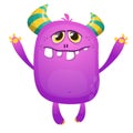 Purple cartoon monster with horns. Vector troll illustration. Big collection of cute monsters.