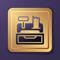 Purple Cash register machine with a check icon isolated on purple background. Cashier sign. Cashbox symbol. Gold square