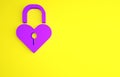 Purple Castle in the shape of a heart icon isolated on yellow background. Love symbol and keyhole sign. 8 March. Happy