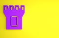 Purple Castle tower icon isolated on yellow background. Fortress sign. Minimalism concept. 3D render illustration Royalty Free Stock Photo