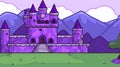 a purple castle with a tree and mountains in the background