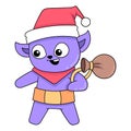 Purple cat is celebrating christmas carrying a gift sack, doodle icon image kawaii