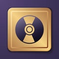 Purple CD or DVD disk icon isolated on purple background. Compact disc sign. Gold square button. Vector Illustration Royalty Free Stock Photo