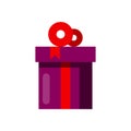 Purple celebration gift cardboard box with red bow vector illustration. Happy New year.