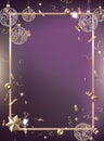 Purple celebration party background with golden confetti and border