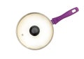 Purple ceramic frying pan covered by lid on white background. Top view Royalty Free Stock Photo