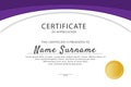 Purple certificate template with golden stamp, vector illustration