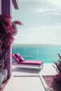 A purple chaise lounger sitting on a patio next to the ocean. Generative AI image.