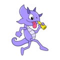 Purple chameleon walking with party trumpet, doodle icon image kawaii