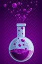 Purple chemical flask concept background, cartoon style