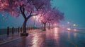 Purple cherry trees bloom after rain at night. Generative AI