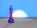Purple chess king standing position, facing the sun, 3d illustration