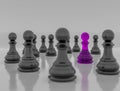 An purple chess pawn standing in the middle of another black chess pawn, 3d illustration