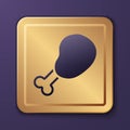 Purple Chicken leg icon isolated on purple background. Chicken drumstick. Gold square button. Vector