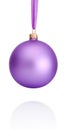 Purple Christmas ball hanging on ribbon Isolated on white Royalty Free Stock Photo