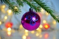 Purple Christmas decor ball on green tree branch of a Christmas tree on a background of Christmas lights new year Royalty Free Stock Photo