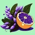 a purple citrus fruit and purple flowers set
