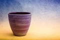 A purple clay plant-pot against a blue and yellow background