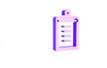 Purple Clipboard with checklist icon isolated on white background. Control list symbol. Survey poll or questionnaire