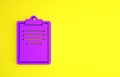 Purple Clipboard with checklist icon isolated on yellow background. Control list symbol. Survey poll or questionnaire