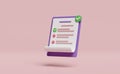 Purple clipboard white checklist paper with check isolated on pink background. project plan, business strategy concept, 3d