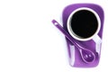 Purple coffee cup with saucer and spoon isolated on white background