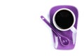 Purple coffee cup with saucer and spoon isolated on white background Royalty Free Stock Photo