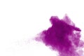 Purple color powder explosion cloud  on white background.Closeup of purple dust particles splash on background Royalty Free Stock Photo